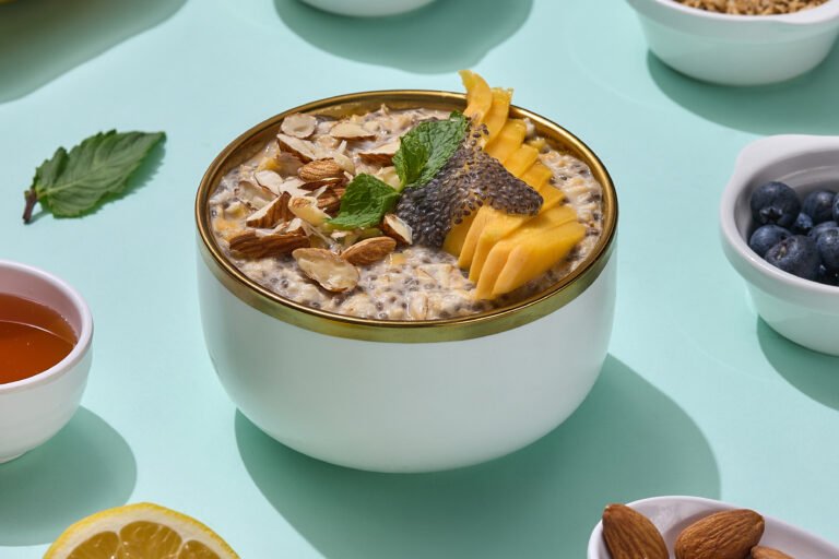 Overnight oats with chia seeds , mango & almonds