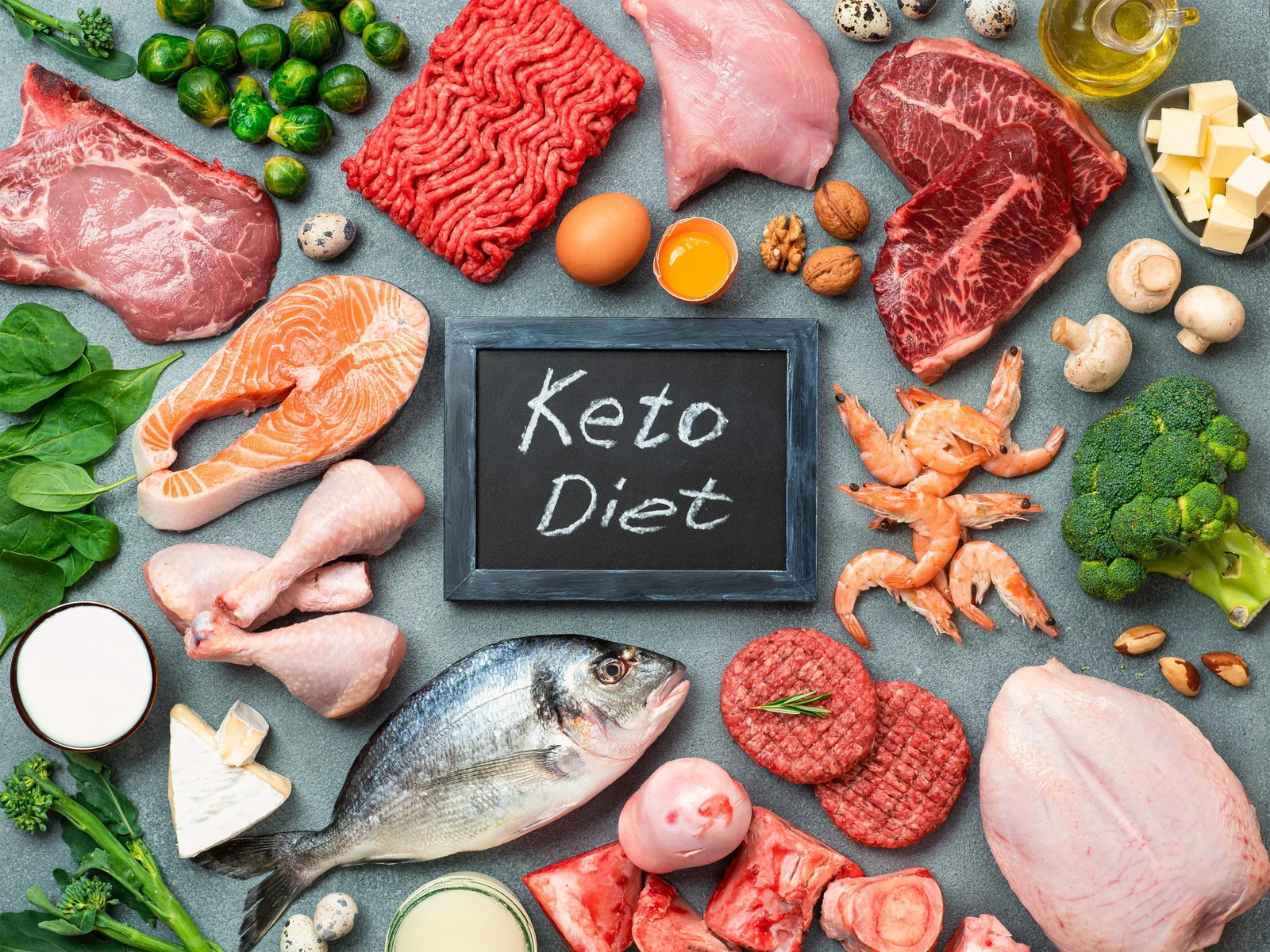 An assortment of keto diet foods including fish, meat, and vegetables, perfect for a keto meal plan in Dubai.