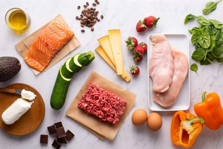 Image of spread of fresh ingredients like salmon, beef, and vegetables, perfect for preparing keto meals in Dubai