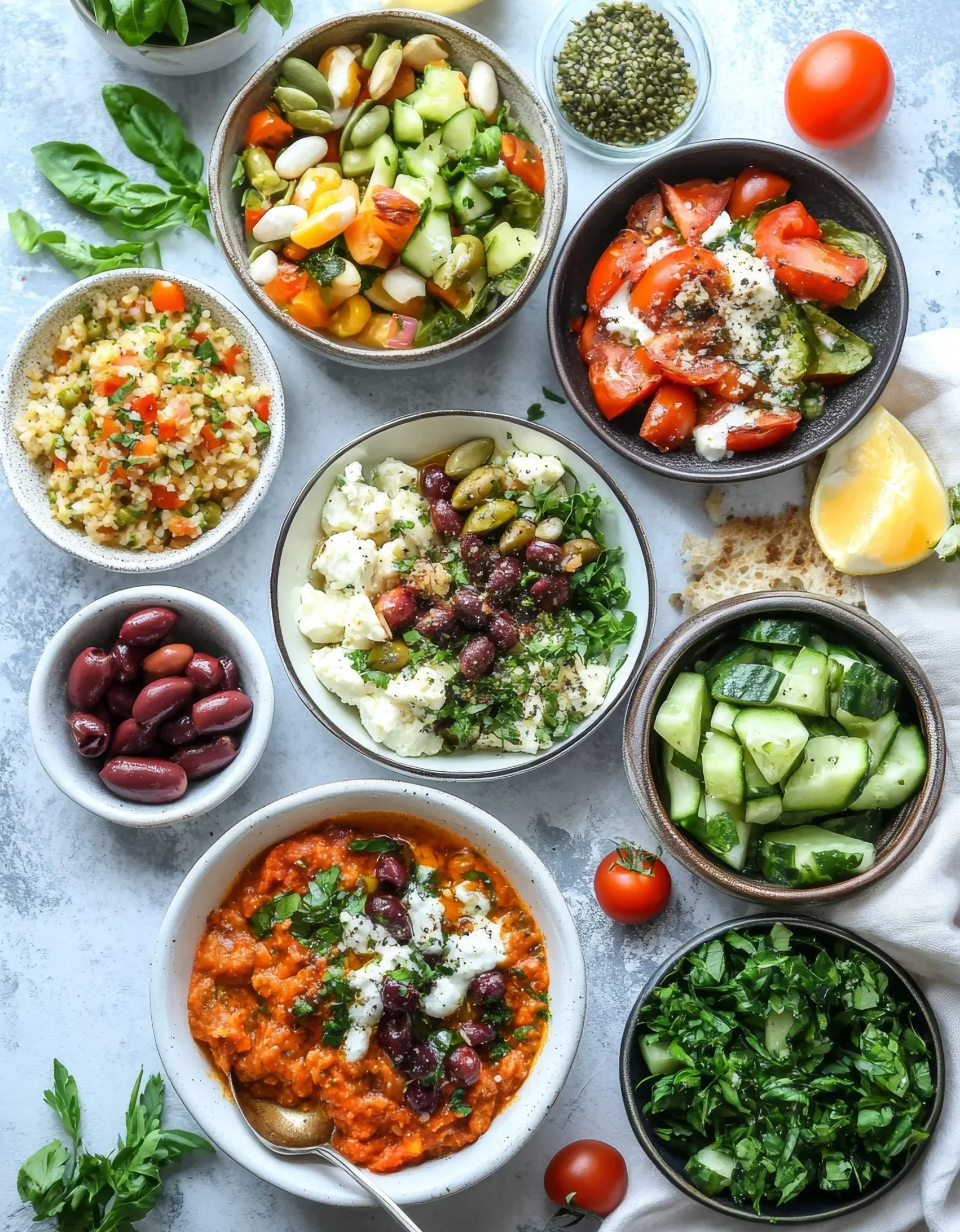 A spread of Mediterranean salads including olives, tomatoes, cucumbers, and fresh herbs, ideal for healthy meal plans in Dubai.