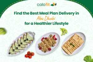 A selection of healthy meals including avocado toast, granola with berries, and a savory dish, promoting Calo Fit’s meal plan delivery service in Abu Dhabi.