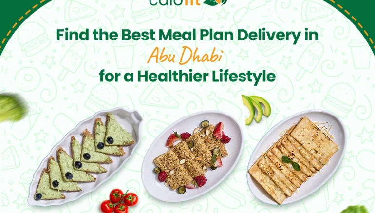 A selection of healthy meals including avocado toast, granola with berries, and a savory dish, promoting Calo Fit’s meal plan delivery service in Abu Dhabi.