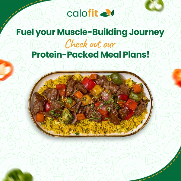 A protein-packed meal featuring beef, vegetables, and a side of couscous, designed for muscle building with Calo Fit.