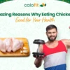 Fit man flexing beside raw chicken, symbolizing how chicken supports muscle growth and overall health.