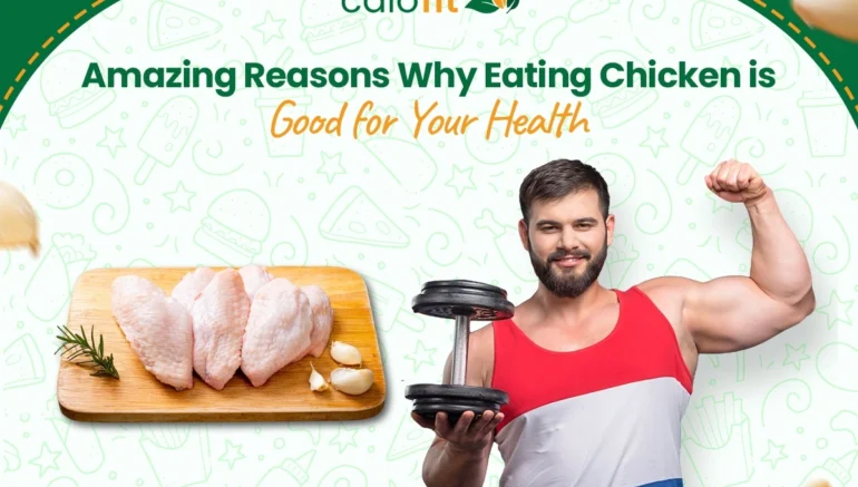 Fit man flexing beside raw chicken, symbolizing how chicken supports muscle growth and overall health.