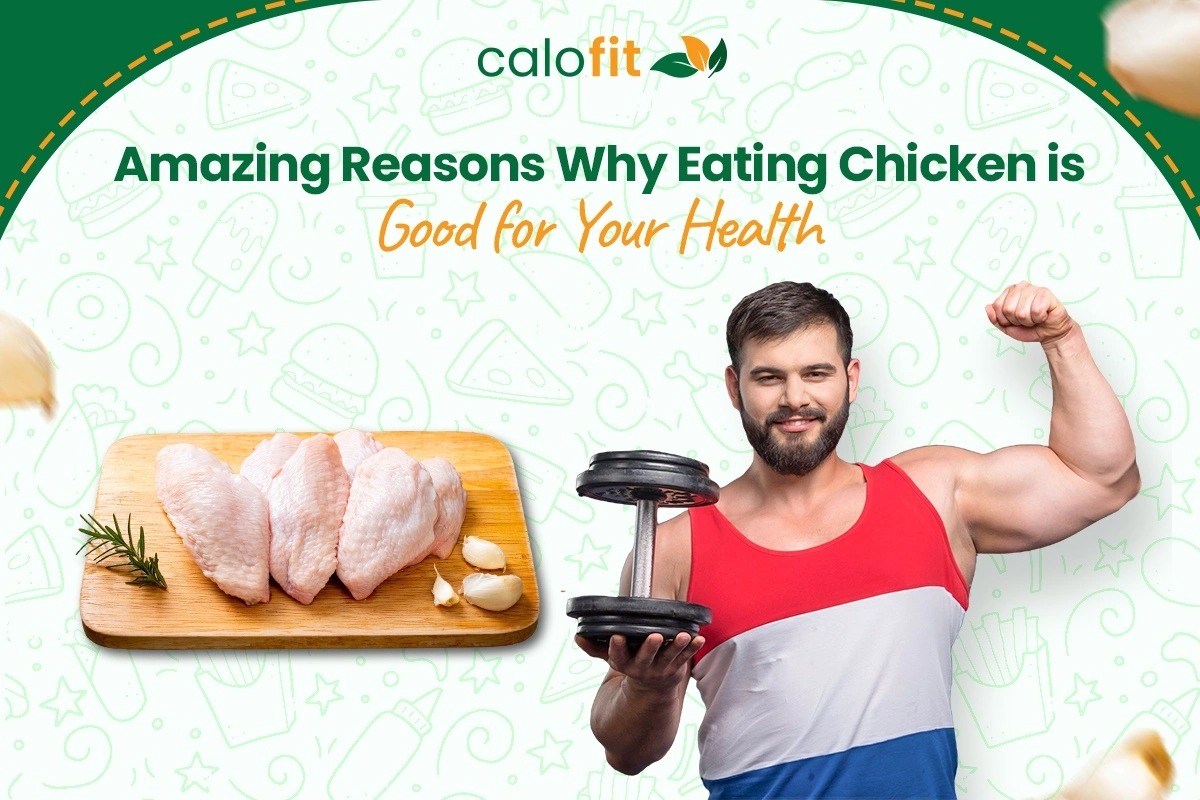 Fit man flexing beside raw chicken, symbolizing how chicken supports muscle growth and overall health.